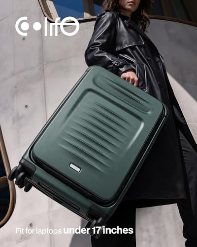 Coolife Carry On Luggage Suitcase : 22x14x9 Airline Approved Travel Luggage with Spinner Wheels, Front Pocket Expandable Hardshell Suitcases with TSA Lock Green