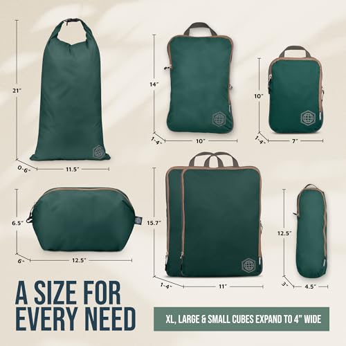 Large Compression Packing Cubes for Travel-Packing Cube Luggage Organizers 7 Piece Set for Checked Luggage-Ultralight, Expandable/Compression Bags by TRIPPED Travel Gear (Green and Brown)