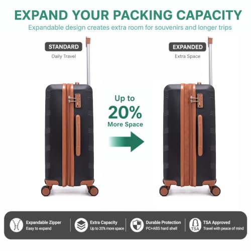 CONCEPTEN Expandable Hardshell Luggage Set 5 Piece, 22x14x9 Airline Approved Carry On, 20/24/28" Suitcase Set with TSA Lock, Spinner Wheels, ABS+PC (Black)