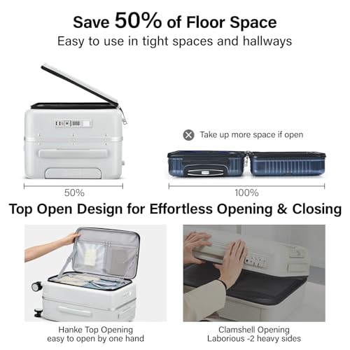Hanke 24 Inch Checked Luggage with Cup Holder and USB Ports,Top Opening Hard Shell Suitcase with Wheels,Aluminum Frame Trunk Luggage with Foldable Dividers & TSA Lock for Travel, Smoke White