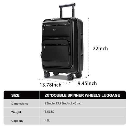 Pirtecin Luggage Sets 2 Piece, Carry On Luggage with Front Pocket & USB Port and 28 Inch Expandable Checked Luggage, Hybrid Soft Front & Hard Shell Suitcases with Spinner Wheels & TSA Lock, Black