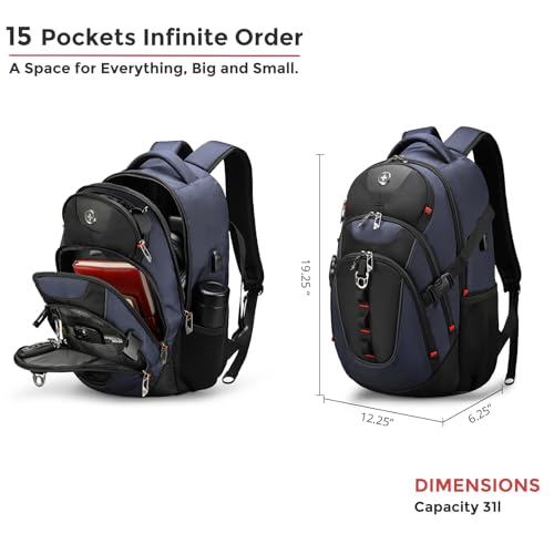Swissdigital Design Laptop Backpack with USB Charging Port, Travel Backpack Fits 15.6 inches Computer, 31L College School Backpack for Men, Blue/Black | SD803-12