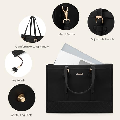 LOVEVOOK Women's 15.6 inch Laptop Tote, Waterproof PU Leather Computer Work Bag, Large Capacity Business Office Tote Black