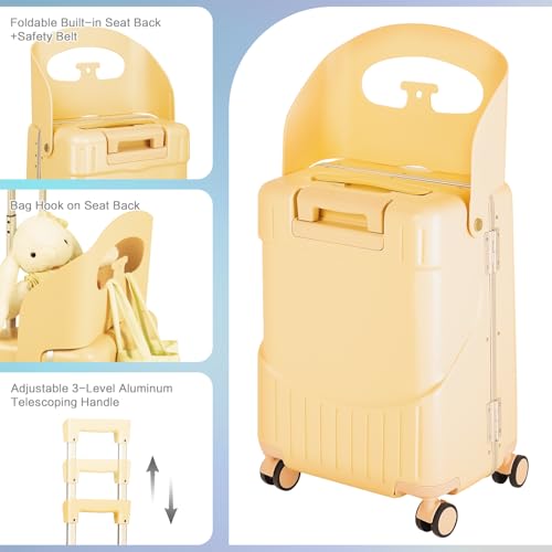 smilesun 20" Carry On Luggage with Seat For Kids & Adults，Hardside Ride On Suitcase with 360°Spinner and TSA Lock For Travel (Yellow, 20")
