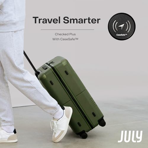 July Checked Plus with CaseSafe - 28.75" Built in Tracking, Airline Approved Check In Luggage with Wheels, Rolling Suitcase for Men & Women - Silent Spinner Wheels, Y-Strap - Moss