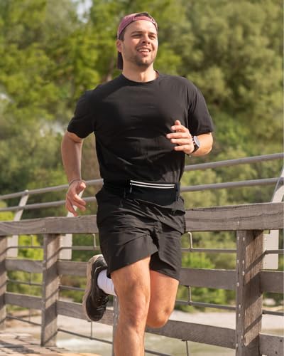 WATERFLY Running Belt Fanny Pack: Breathable 3 Pocket Waist Bag for Men Women Workout Exercise Fitness Phone Holder Fits All Phones - Runner Marathon Jogging Race Belt with Bib Clip Black