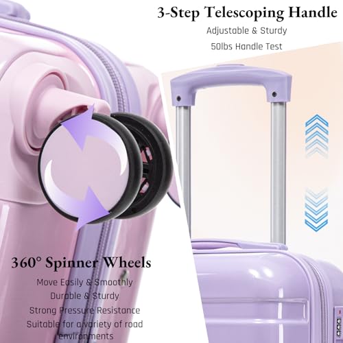 Luccalily Gradient Purple-Pink Luggage Set 14" & 20" - 2 Piece PC Spinner Wheel Suitcases with Combination Lock, Lightweight Carry On for Business & Vacation