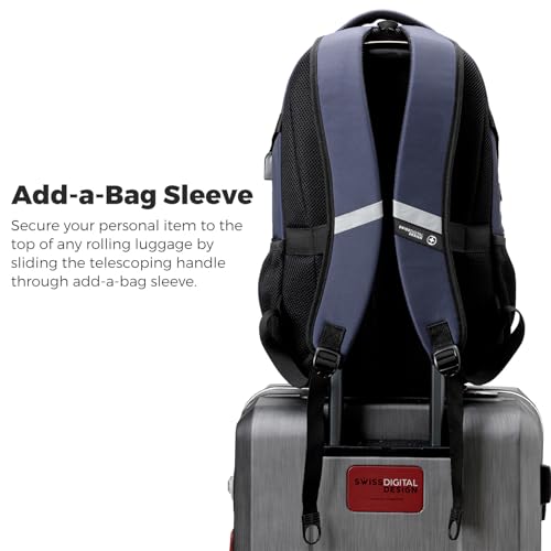 Swissdigital Design Laptop Backpack with USB Charging Port, Travel Backpack Fits 15.6 inches Computer, 31L College School Backpack for Men, Blue/Black | SD803-12