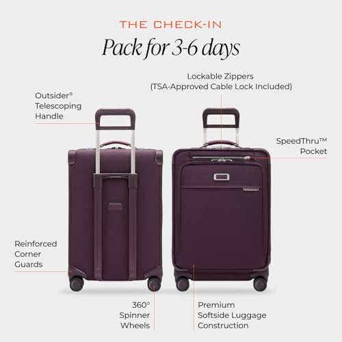 Briggs & Riley 24 Inch Compact Checked Suitcase Luggage with Wheels - Zipperless Compression Expansion System, 360 Spinner, Flat Packing Interior, Accessible Front Pocket - Baseline Collection - Plum