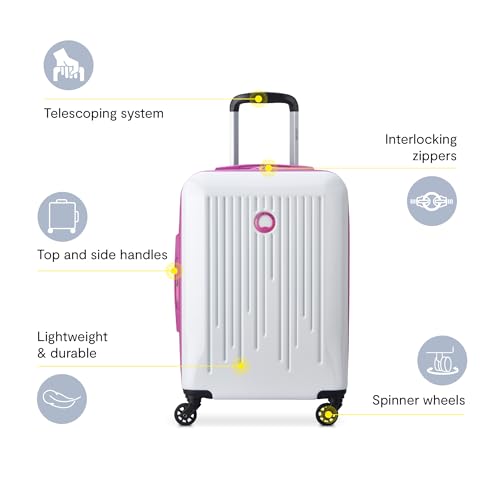 DELSEY PARIS Christine Hardside Expandable Luggage, Stylish and Unique, Glossy Exterior with 360 Spinner Wheels, Lockable Telescoping Handle, Men and Women, White with Mauve Trim, Carry-On 20-Inch