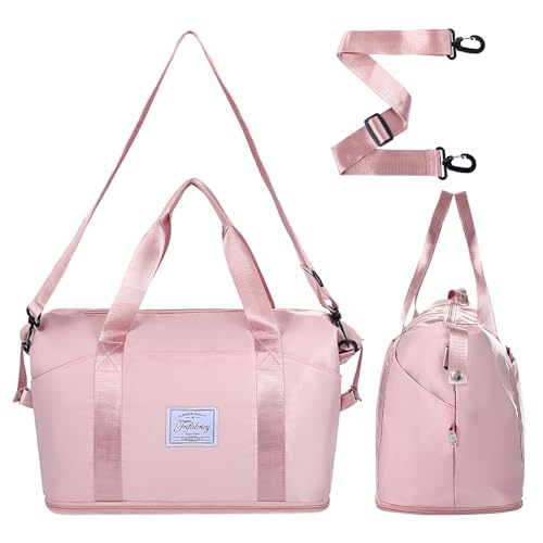 Travel Duffel Bag - Large Shoulder Weekender Overnight Bag, Carry on Bags with Wet Pocket, Waterproof Expandable Duffel Bags with Trolley Sleeve for Sports Travel Gym, Pink