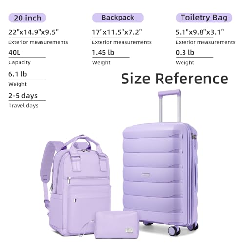 TRIPLAYER Carry On Luggage 22x14x9 Airline Approved, 22 Inch PP Hardshell Luggage Carry-on Suitcase with Spinner Wheels, Carry On Suitcase Set for Women (Lavender)