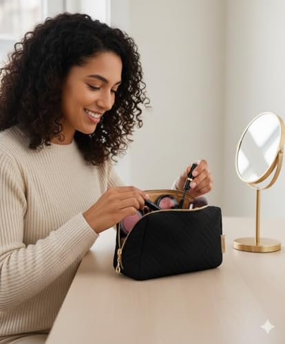 BAGSMART Small Makeup Bag, Compact Cosmetic Pouch for Women for Purse, Travel Toiletry Organizer with Wide Open Design, Black