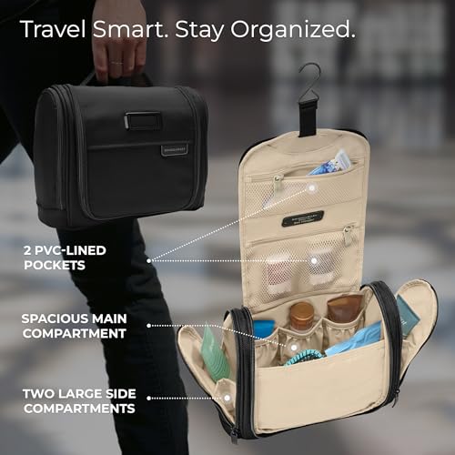 Briggs & Riley Deluxe Hangable Kit - Hanging Toiletry Travel Bag for Women & Men, Organizer for Bathroom Accessories, Makeup, & Skincare, Dopp Kit for Vacation - Baseline Collection, Black
