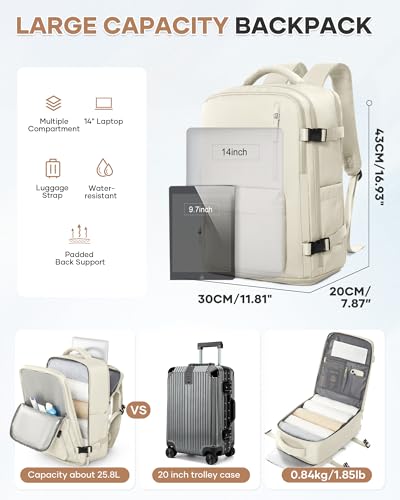 Large Travel Gym Backpack Women Carry On Backpack Flight Approved Hiking Waterproof Rucksack Casual Daypack Laptop bags airplanes Shoes Compartment Personal Item Travel Weekender Bag Essentials Beige