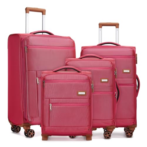 LARVENDER Luggage Sets 4 Piece, Softside Carry On Luggage Suitcase Set with 360° Spinner Wheels for Women Men(28/24/20/18) Rose Red