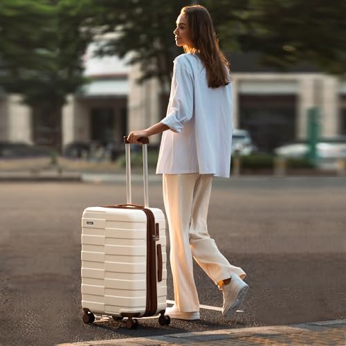 Vipbox Luggage Sets 3 Piece (3-YEARS VIP SERVICE) Hardside Expandable Ultra Durable 100% PC Lightweight Carry On Travel Suitcase Set with TSA Lock Spinner Wheels, White Brown