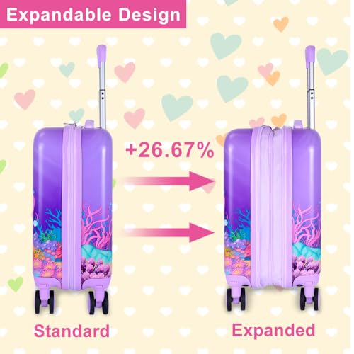 5-Piece Kids Luggage Set – Enchanting Hardshell Girls Suitcase with 360° Spinner Wheels, Lightweight Airline-Approved Carry-On (16") for Travel, Mermaid Purple