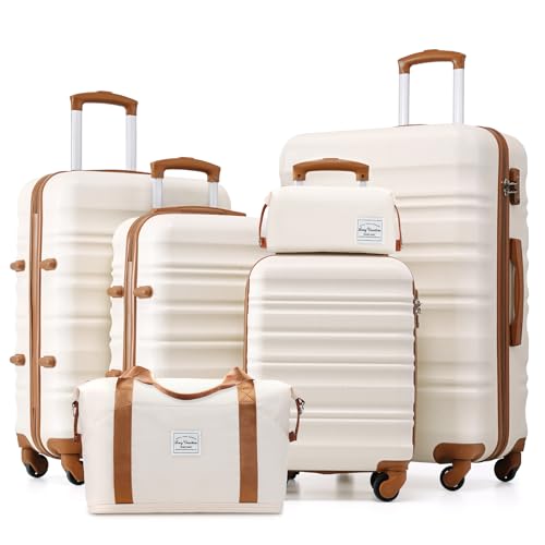 LONG VACATION 6 Piece Luggage Set Carry on Suitcase with ABS+PC hardshell, Spinner Wheels & YKK Zipper TSA Lock (BEIGE-BROWN, 6 piece set)