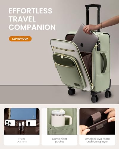 LOVEVOOK Carry on 22x14x9 Airline Approved,20 inch Lightweight Waterproof Suitcases with 360° silent swivel wheels, TSA Lock and Compartment, Large Capacity travel Suitcase Green-white