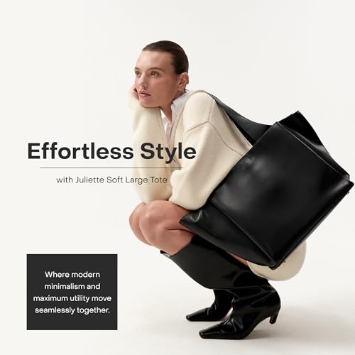 July Juliette Soft Large Tote - Tote Bag for Women with Laptop Sleeve, Detachable Crossbody Strap, Pass-Through Band, Drink Bottle Holder, Modern Tote Bag for Work, Travel, 22L - Black
