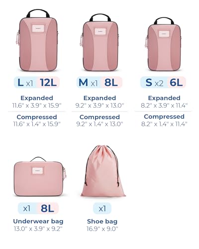 BAGSMART Compression Packing Cubes, 6 PCS Packing Cubes for Suitcases, Travel Bags Organizer for Luggage, Lightweight Packing Cube for Travel Essentials, Pink