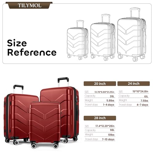 TILYMOL Luggage Sets 3 Piece with Spinner Wheel, Hardside Suitcase Set with TSA Lock, Expandable Lightweight Travel Luggage for Women, Burgundy