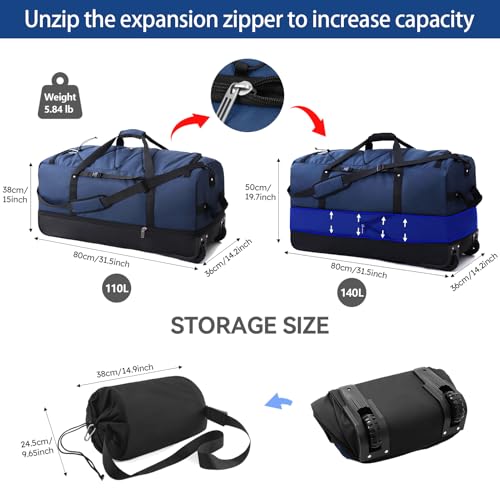 Vrtisa 110L Expandable to 140L 32” Foldable Oxford Soft-Sided Rolling Duffle Bag with 2 Heavy-Duty Wheels,2 Large Compartments,Adjustable Shoulder Strap and Attached Organizer Pouch,Navy Blue