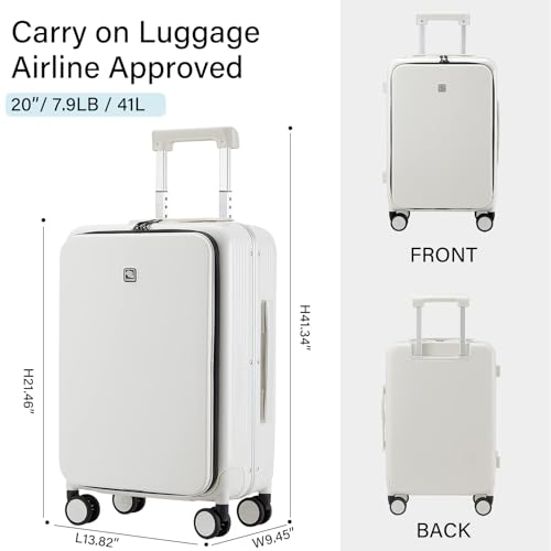 Hanke Grace Hard Shell Suitcases with Wheels,20 Inch Carry On Luggage Airline Approved with Aluminum Frame, Travel suitcase with Front Pocket Travel Luggage for Short Business Trips, Smoke White.