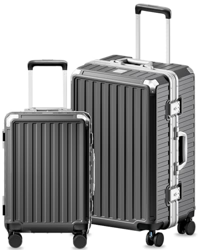 Luggage Sets with Spinner Wheels, 8010S Aluminum Frame Zipperless Polycarbonate Hard Shell Suitcase Sets (ZX-Core, Charcoal Metallic, 2 Piece (20/28))