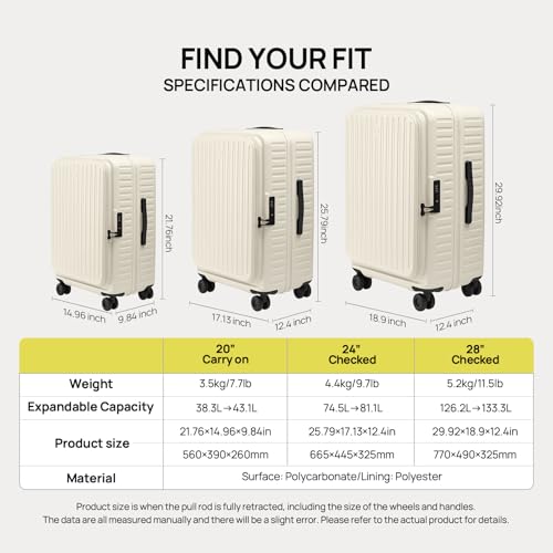 NINETYGO Top Opening Carry On Luggage 22x14x9 Airline Approved, Expandable & Lightweight, Scratch Resistant PC Hardside with Deep Cabin Design, TSA Lock & 360° Spinner Wheels (Lily White, Alps)