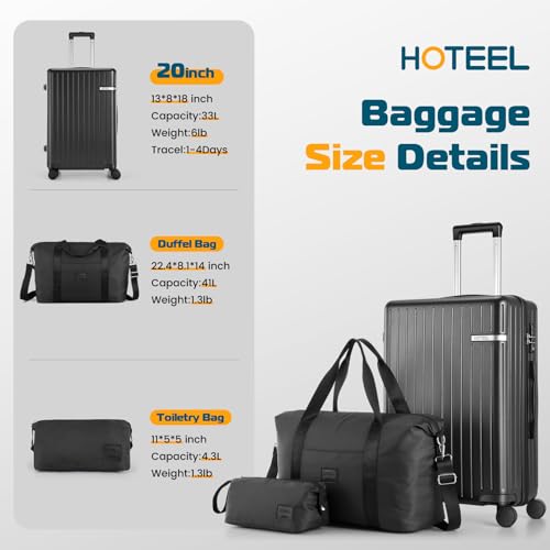 Hoteel Luggage Sets 3 Piece, 4-Yr Warranty, PC+ABS Suitcases with Wheels and Side Hook, Hardshell 20 inch Luggage with Duffel Bag Travel Bag, Black(20/DB/TB)