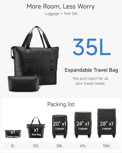 Luggage Sets 5 Piece, H1F Hardside Suitcase With Wheels - Spinner Wheels, TSA Lock, Includes Tote Bag（FX-Lite,Black,5 Piece Sets）