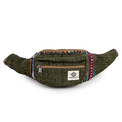 Freakmandu Eco-Friendly Green Boho Hippie Style Hemp Fanny Pack Cross Body Hip Waist Bag for Hiking Running Jogging (Safari)
