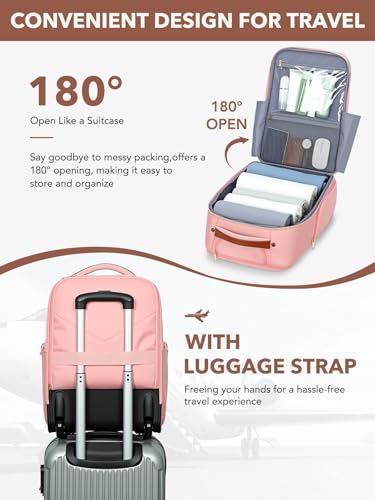 Tonyeee Rolling Backpack for Women, Large Travel Backpack with Wheels Carry on Flight Approved, 15.6 Inch Laptop Wheeled Roller Bag Suitcase for Work Bussiness Weekender (Pink,M Underseat Size)