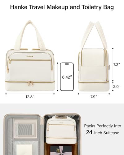 Hanke Travel Toiletry Bag, Lightweight Wide-open Large Toiletry Bags for Women, Dual-Layer Makeup Bag Water-Resistant Cosmetic Travel Bag with Handle for Accessories, Essentials, Off White