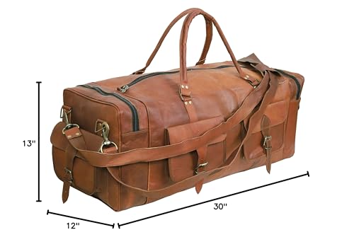 KK's 30 Inch Real Goat Vintage Leather Large Travel Duffel Luggage Handmade, Gym, Hiking vintage brown Holdall Carry All Genuine Duffel Bag, Size 30" Inch