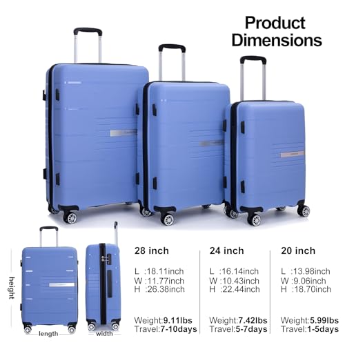 Tripcomp Luggage 3 Piece Sets Suitcase Set with Double Spinner Wheels, Lightweight Carry On Hardside Travel Luggage with TSA Lock, (20/24/28) (Purplish Blue)