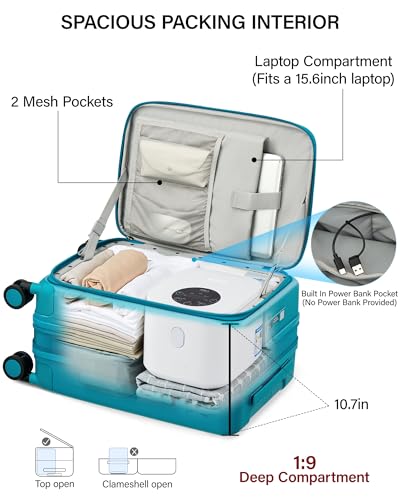 Hanke 20 Inch Expandable Carry On Luggage with Cup Holder 22x14x9 Airline Approved, Top Opening Hard Shell Suitcases with Wheels, Carry-On Travel Suitcase Trunk Luggage with Lock, Caribbean Blue