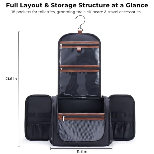 Ralnitote Large Hanging Toiletry Bag for Men, Travel Bathroom Bag with Hook, Hygiene Bag Organizer for Shower, Shaving & Grooming Essentials, Black
