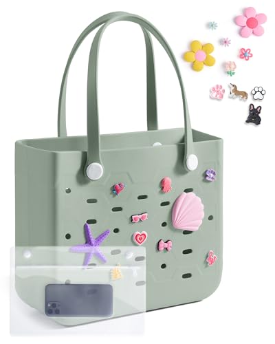 BAGSMART Beach Bag for Women, Water-resistant Rubber Tote Bag, Sandproof Vacation Essentials for Summer Swim Cruise Pool, Sea Glass Sage, Medium