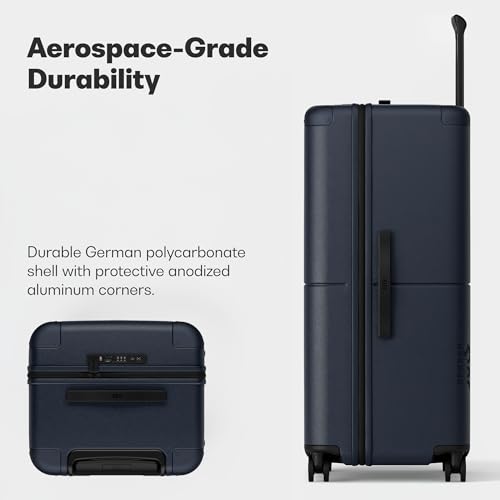 July Checked 80/20 with CaseSafe - 28.8" Built in Tracking, Airline Approved Check In Luggage with Wheels, Spinner Suitcase for Men & Women - Rolling Suitcase, Spinner Wheels, Y-Strap - Navy