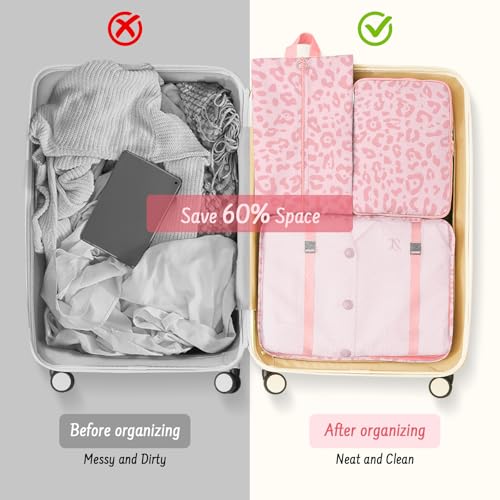 Woobolsalike 9 Set Packing Cubes for Travel Essentials - Lightweight Carry-On Luggage Organizer Bags with Shoe, Clothes & Laundry Bags for Airplane, Family & Business Travel, Pink leopard print
