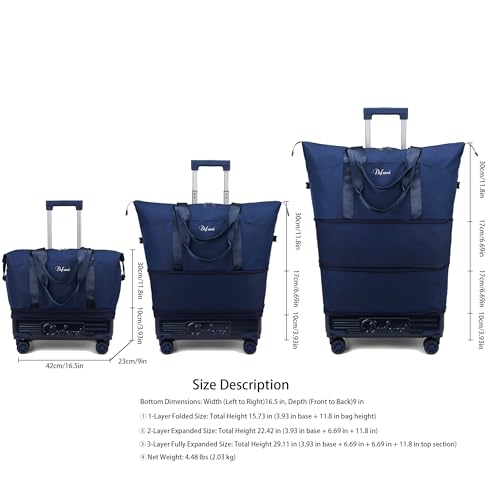 Dufanxi Expandable Rolling Travel Bag with Removable Wheels & Handle, Large Capacity Wheeled Duffle Tote, Foldable Carry On Luggage for Women, Lightweight Weekender Overnight Bag (DarkBlue)