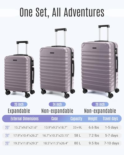 LIGHT FLIGHT Luggage Sets, 3 Piece Durable Suitcase Set with Spinner Wheels, 3 Pcs Hardside Lightweight luggage with TSA Lock, Large Checked Travel Suitcases, 20/24/28 Inch, Rose Purple