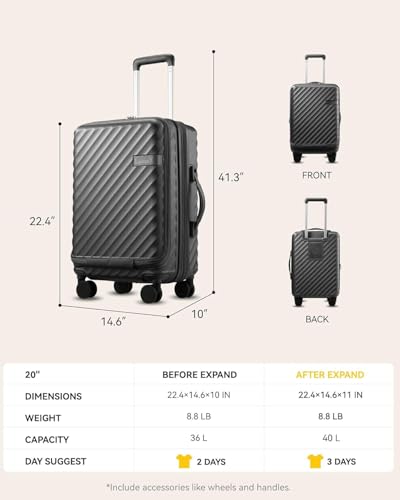 Carry On Luggage with Front Compartment and Cup Holder, KVF Expandable PC Hard Shell Suitcase with Front Pocket (FX-Plus, Ruby Red, 2-Piece (20/Tote))