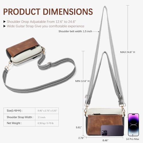 BOSTANTEN Small Crossbody Purse for Women Triple Zip Cell Phone Leather Shoulder Handbag with Wide Guitar Strap Brown with Black