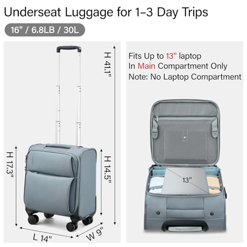 Hanke 16 Inch Underseat Carry On Luggage with Spinner Wheels for Airline, Small Softside TSA Approved Luggage Lightweight Rolling Suitcases Under Seat Travel Carry-On Bag(Grey)