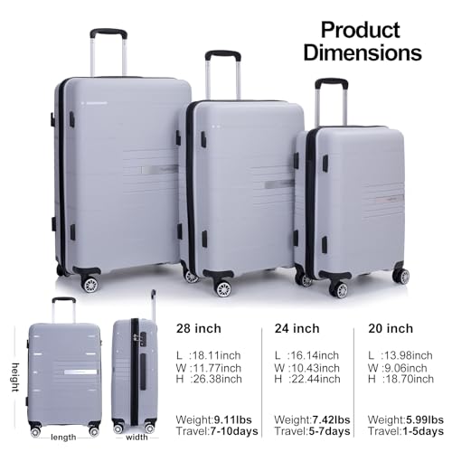 Tripcomp Luggage 3 Piece Sets Suitcase Set with Double Spinner Wheels, Lightweight Carry On Hardside Travel Luggage with TSA Lock, (20/24/28) (Silver)