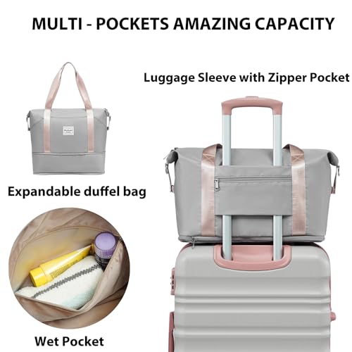 LONG VACATION 6 Piece Luggage Set Carry on Suitcase with ABS+PC hardshell, Spinner Wheels & YKK Zipper TSA Lock (GREY-PINK, 6 piece set)